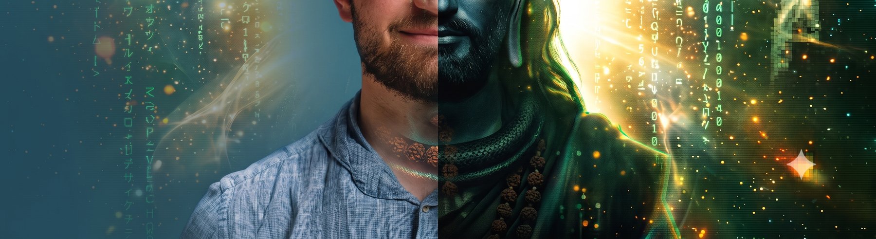 Lower half of the same portrait, closing the page: a shirt collar on the left, a rudraksha strand and dark robe on the right, the code still falling.