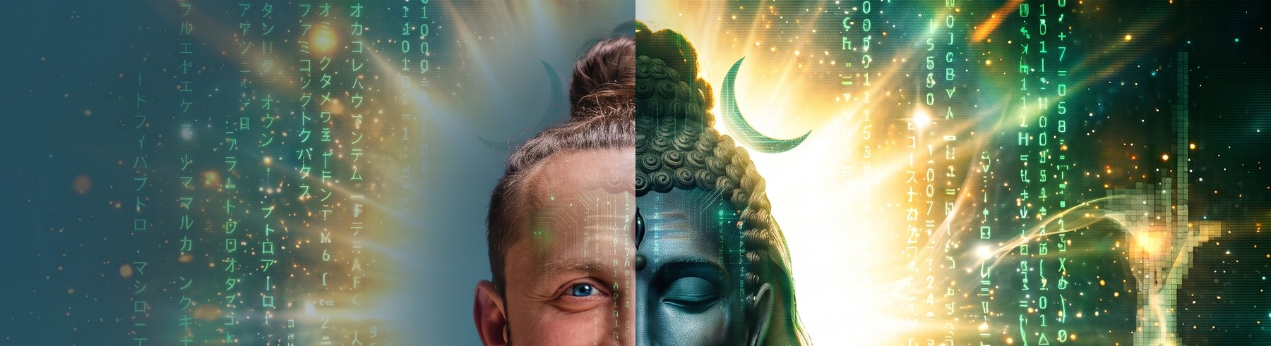 Upper half of a portrait split down the middle: Mike's face on the left, a Shiva figure on the right, both dissolving into falling code. The picture continues below the text.